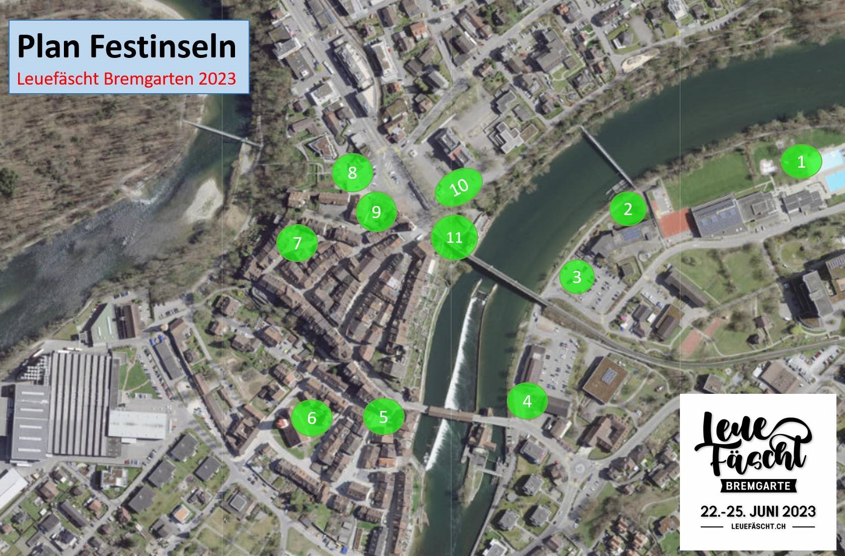 Gezeichneter Plan von Bremgarten mit verschiedenen Festinseln